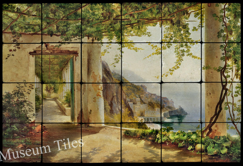 Art Kitchen Backsplash Stone Mural Tumbled Marble Tile 24×16 View to the Amalfi