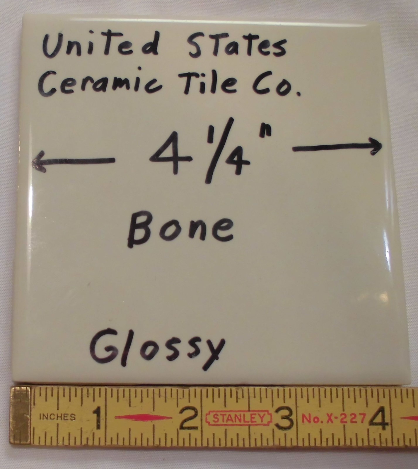 1 pc. Gloss Bone: 4-1/4″ Ceramic Tile by United State Tile Co. New Old Stock
