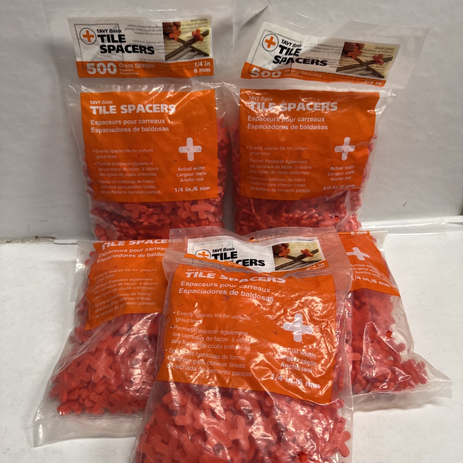 TAVY BASIX Lot of 5 Bags of Tile Spacers 1/4 inch/6mm 2,500 Pieces Total NWT