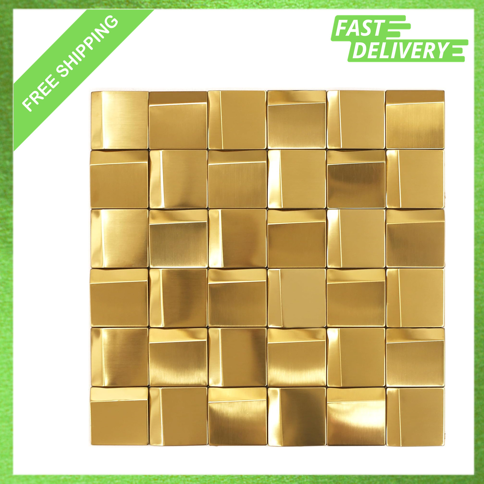 Metal Mosaic Wall Tiles, Gold 3D Backsplash Panels, 12×12 Inches, 5 Sheets