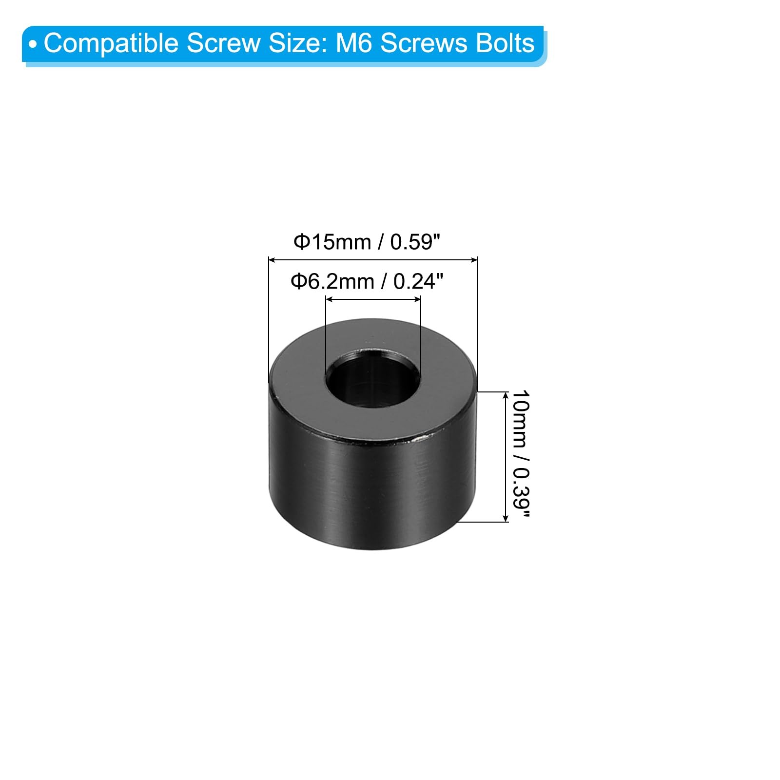PATIKIL M6 Aluminum Spacers, 6 Pcs Metal 6.2mm ID x 15mm OD x 10mm L, Black
