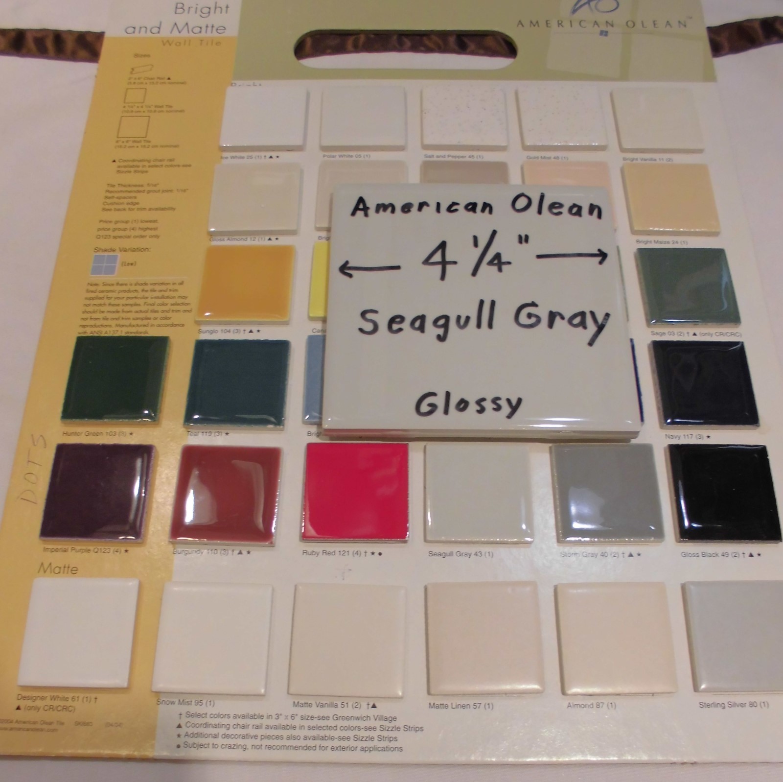 9 pcs. Ceramic Tiles…Glossy *Seagull Gray* #43 by American Olean…4-1/4″ New