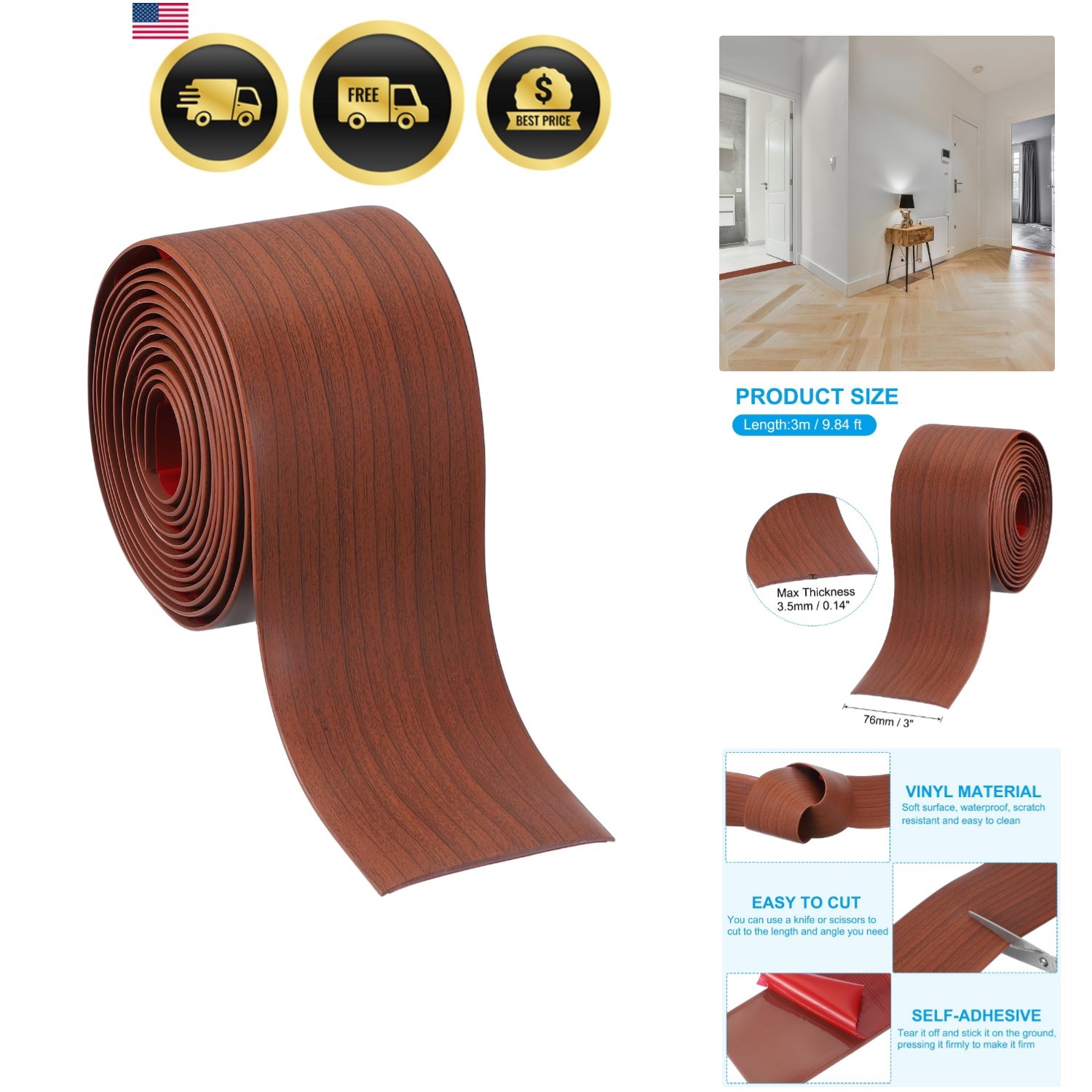 Self Adhesive Floor Transition Strip 10 ft x 3″ Vinyl Flat Divider Flooring f…