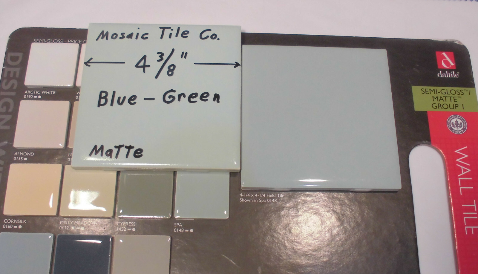 1 pc. Vintage *Blue-Green* Matte Ceramic Tile 4-3/8″…by The Mosaic Co. (NOS)