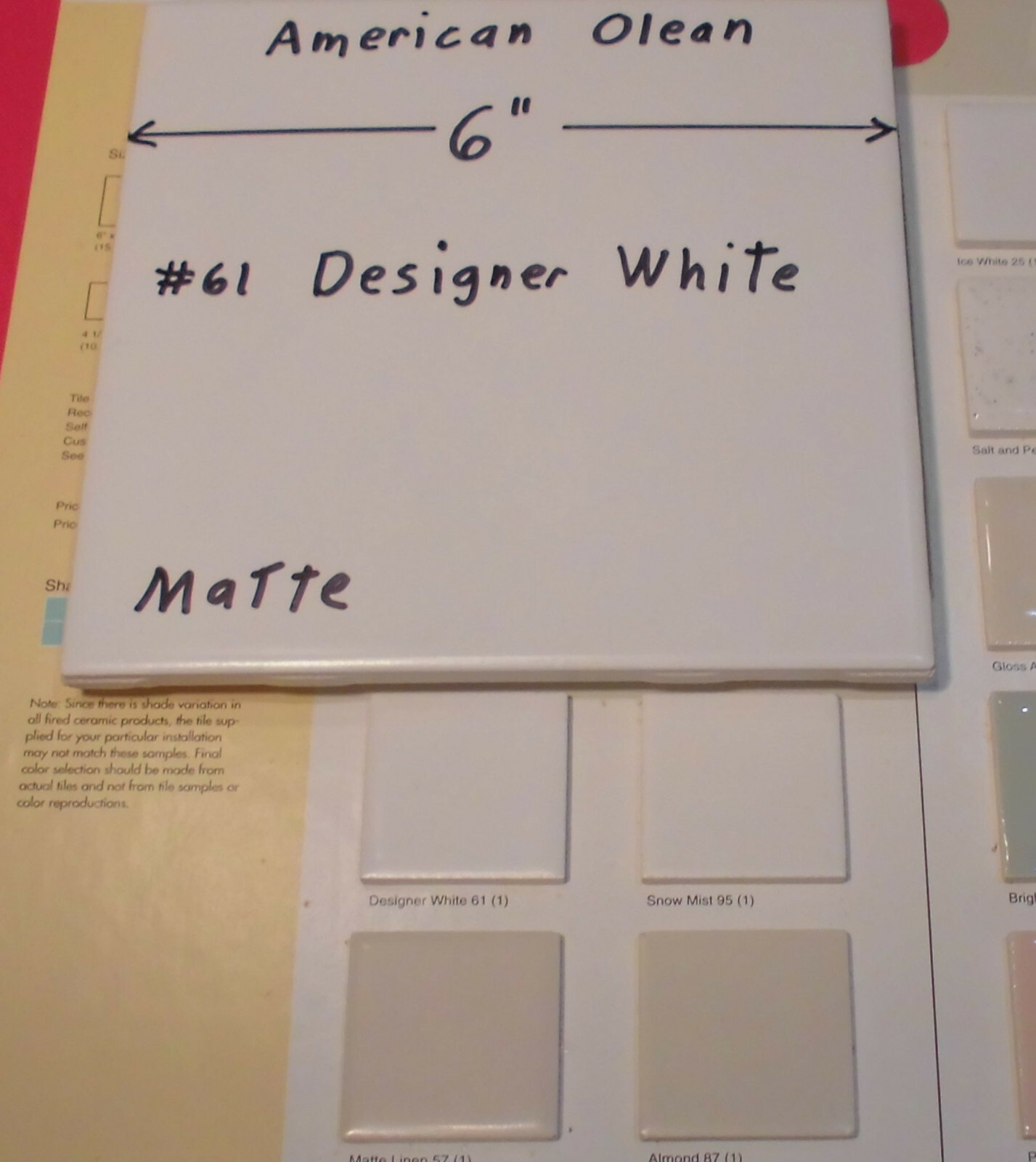*Designer White* Matte Ceramic Floor & Wall Tile, by American Olean; New Mint
