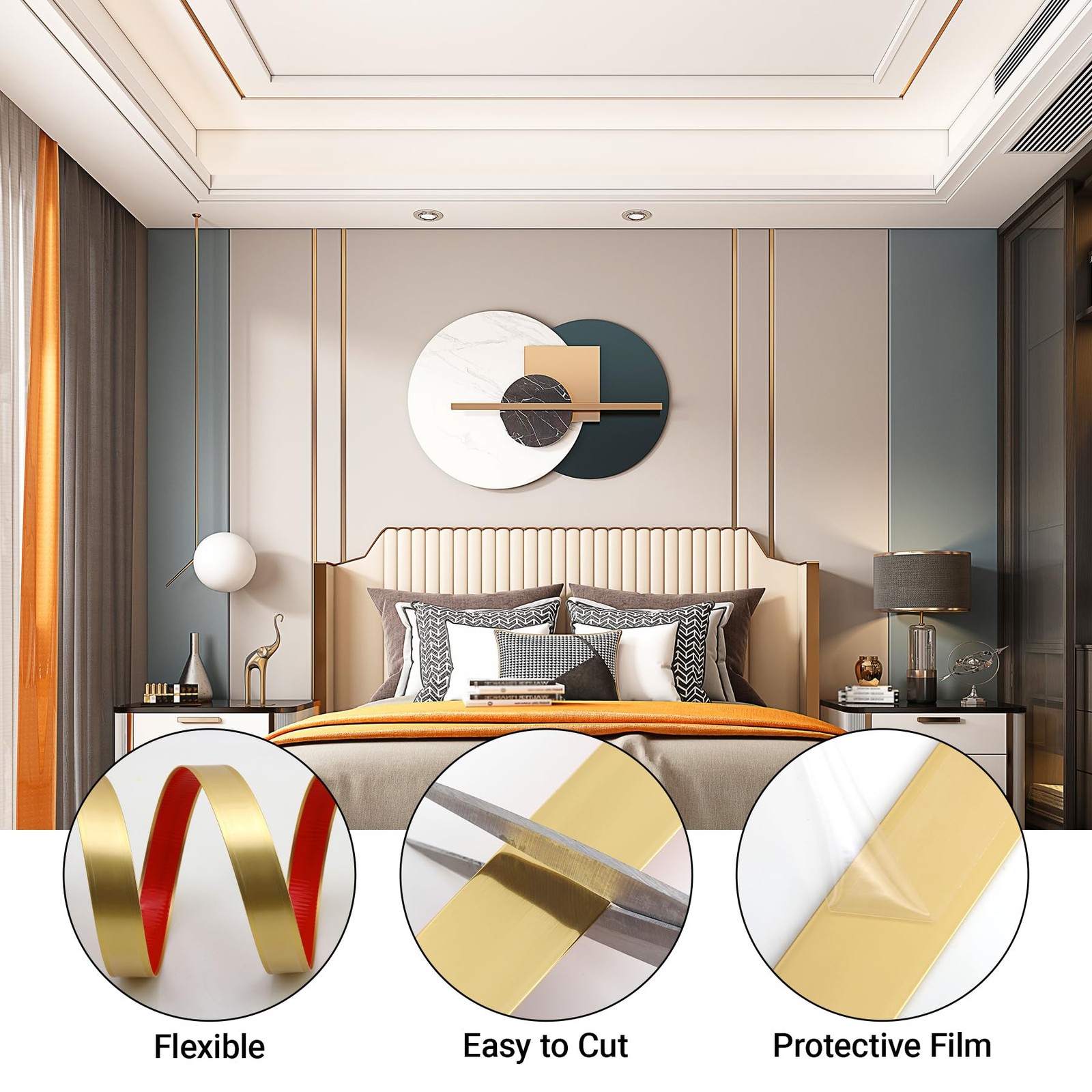196.8″ x 1.5″ Matte Gold Molding & Wall Trim, Flexible Peel and Stick Decorat…