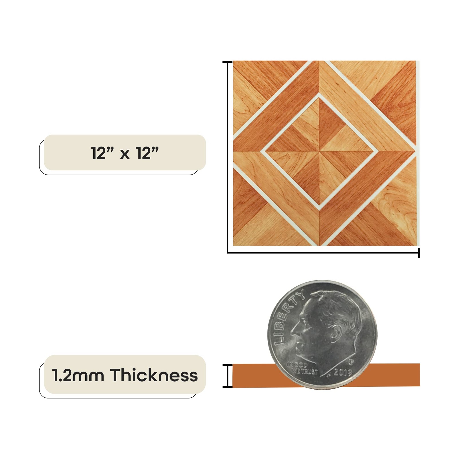 Tivoli Self Adhesive Vinyl Floor Tiles, 45 12×12 Inch, WhtBrdr Inld Prqt