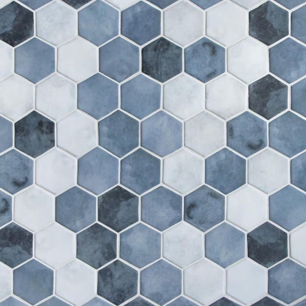 Hexagon Blue Mix 11.8 In. X 10.2 In. Matte Recycled Glass Cement Looks Floor and