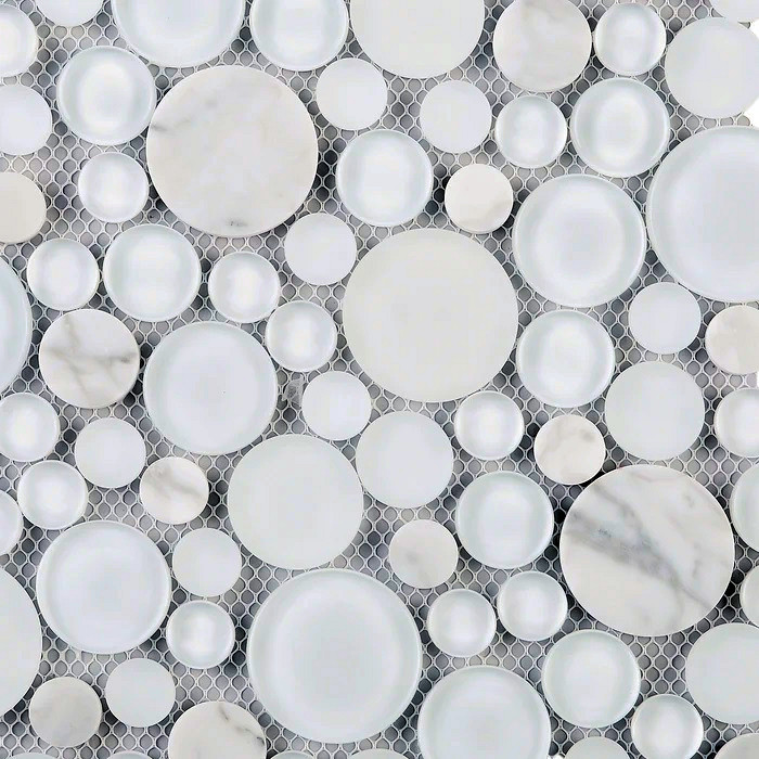 BUBW-02 White Glass And Carrara Bubble Mosaic Tile, 10-1/2″ x 10-1/2″ x 8mm, NEW