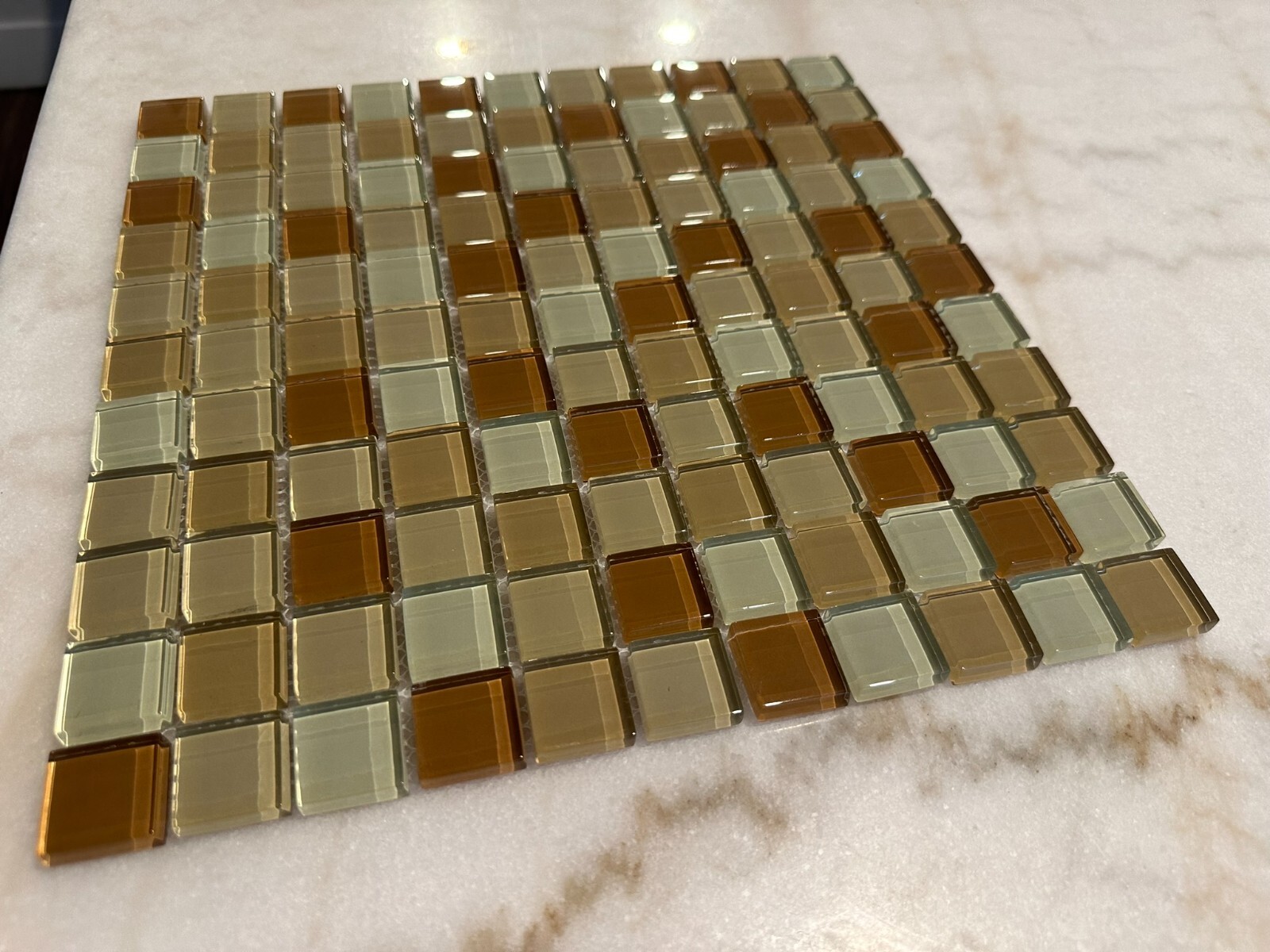 Light Beige Mix Glossy Glass Mosaic 1″x1″ Stacked Mesh Mounted