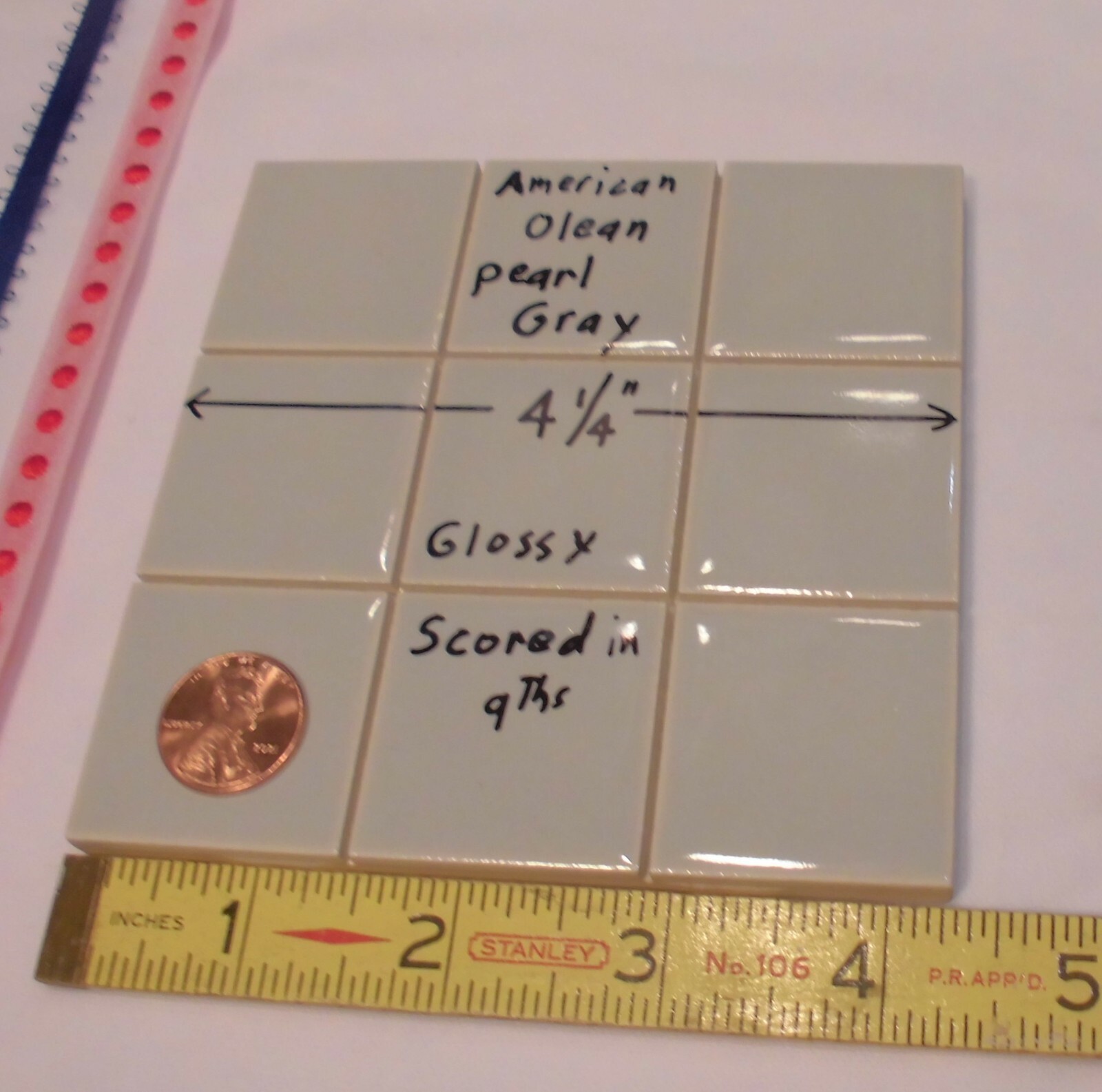 1 pc. *Pearl Gray* 4-1/4″ Scored 9ths Glossy Ceramic Tile by American Olean Co.