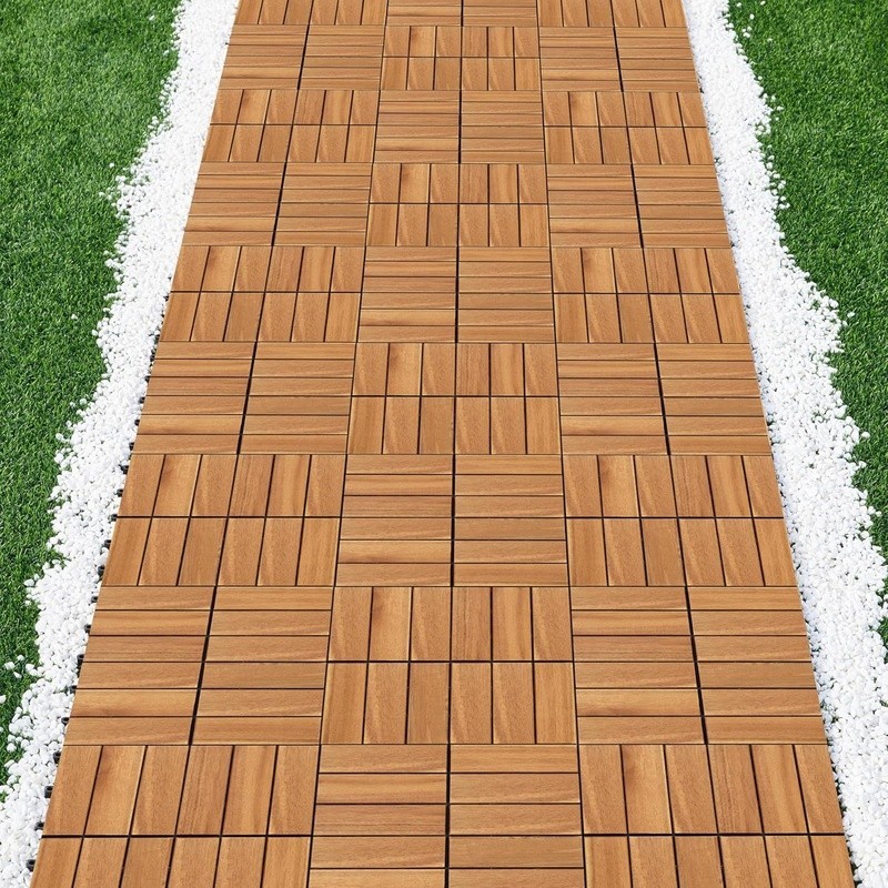 Acacia Wood Interlocking Patio Tiles Non-Slip Outdoor Flooring 11.81×11.81in New