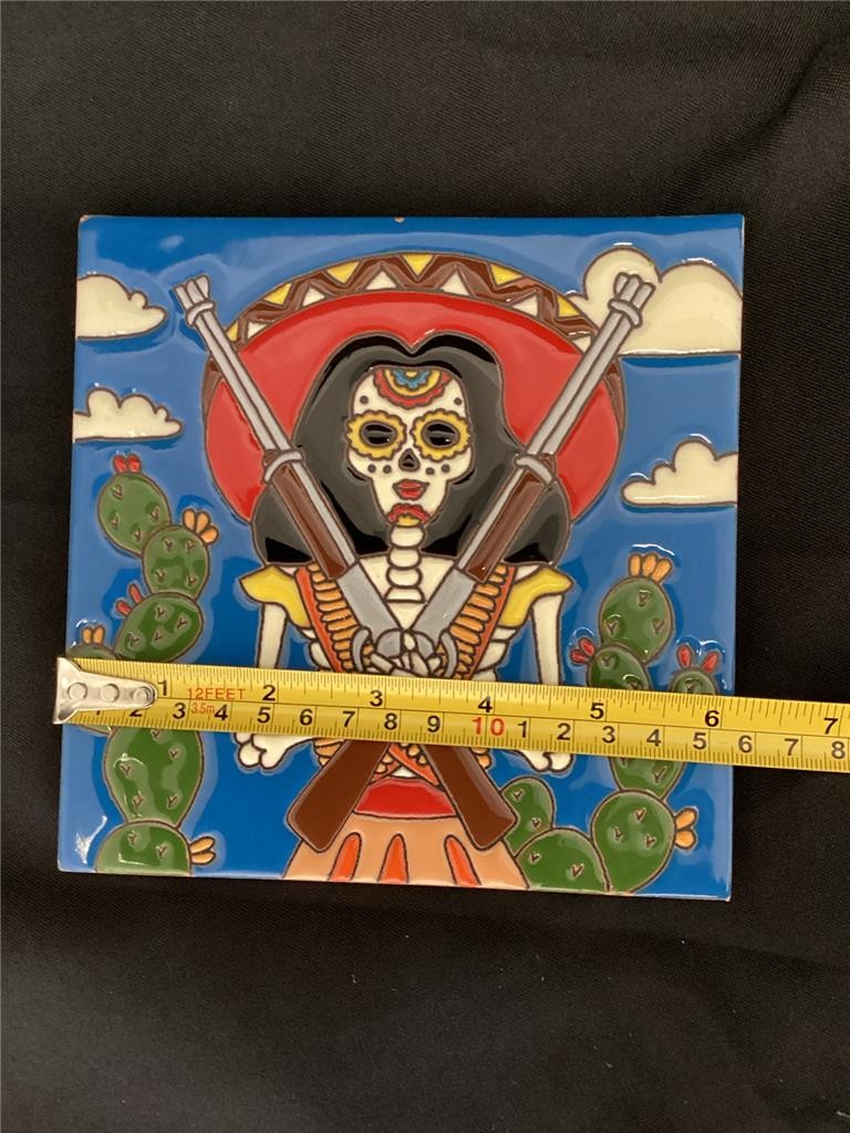 ++ Handmade Rifle Lady Day of The Dead Clay Tile 6×6