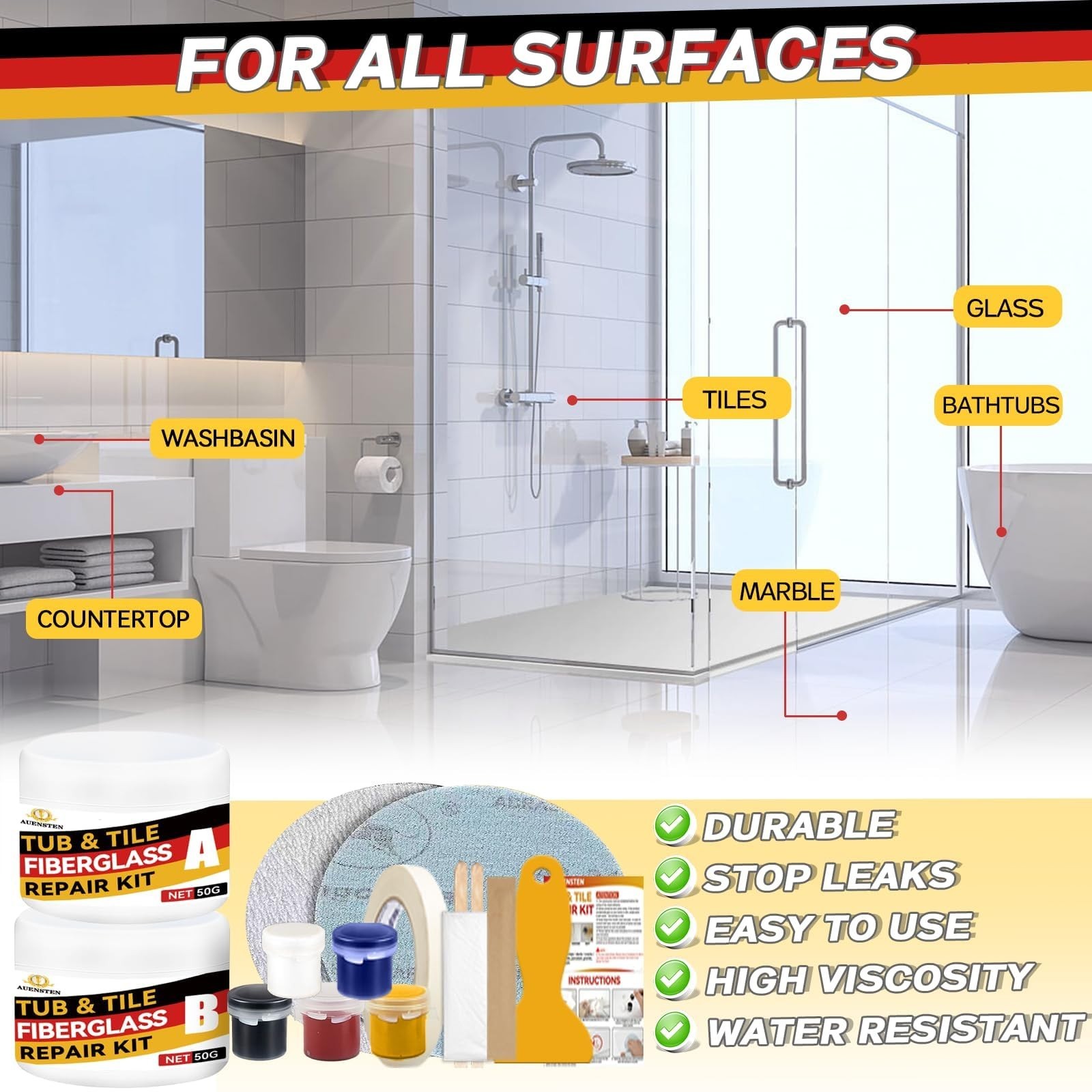 Bathtub Repair Kit – Fix Chips, Dents & Cracks in Fiberglass, Porcelain, Acrylic