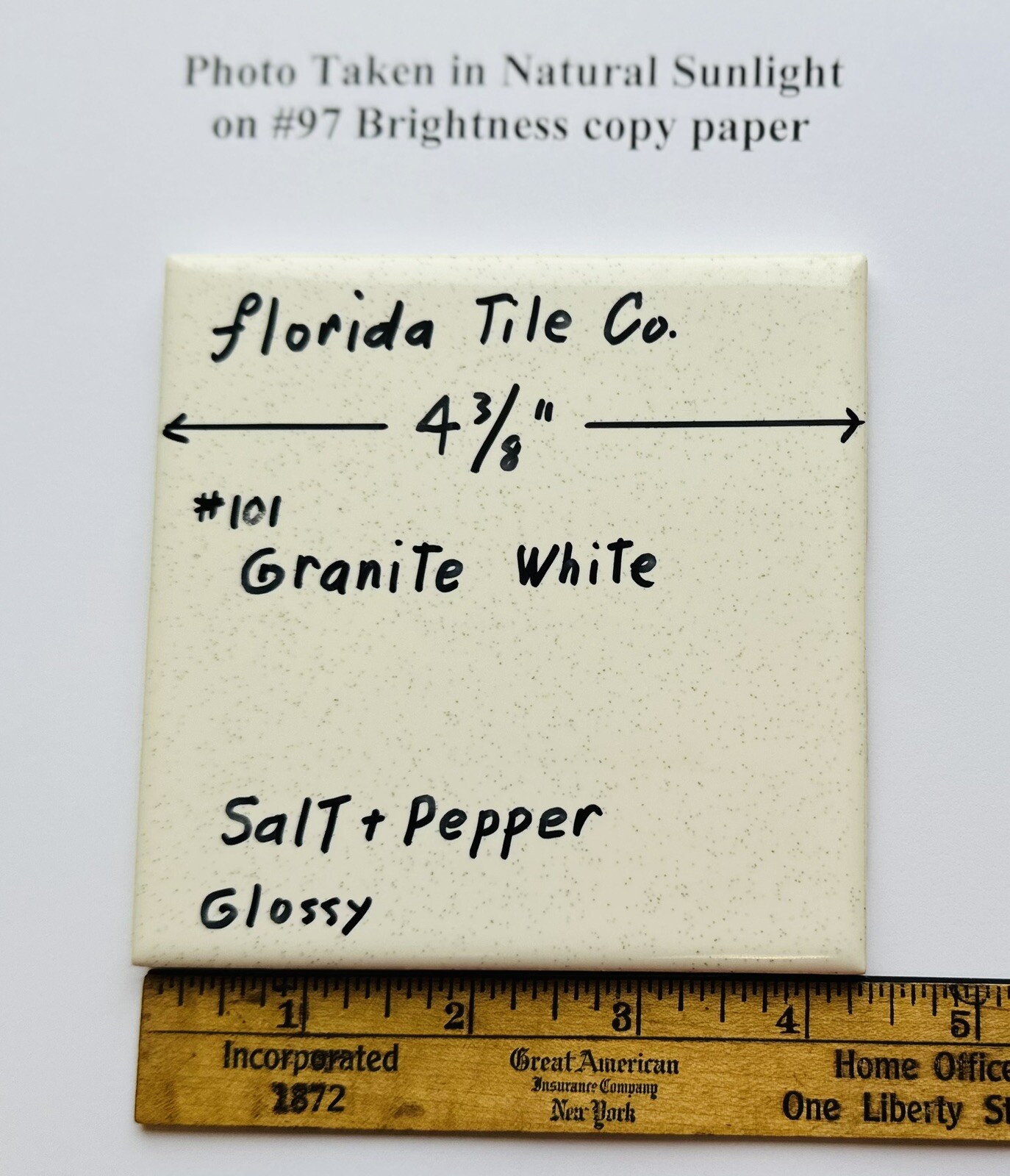 1 pc. Salt + Pepper / Granite White: 4-3/8″ Glossy Ceramic Tile by Florida Co.
