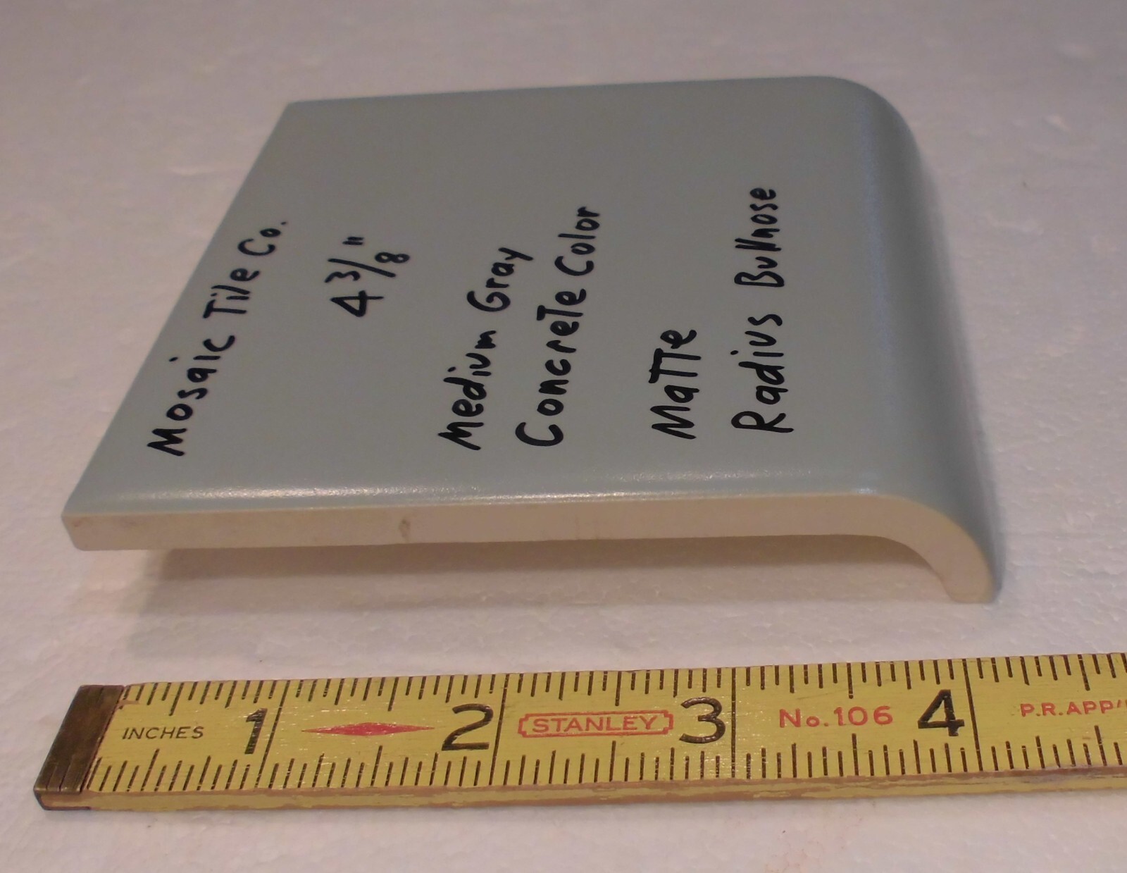 1 pc. Gray-Concrete Color: Matte Radius Bullnose Ceramic Tile 4-3/8″ Mosaic Co.