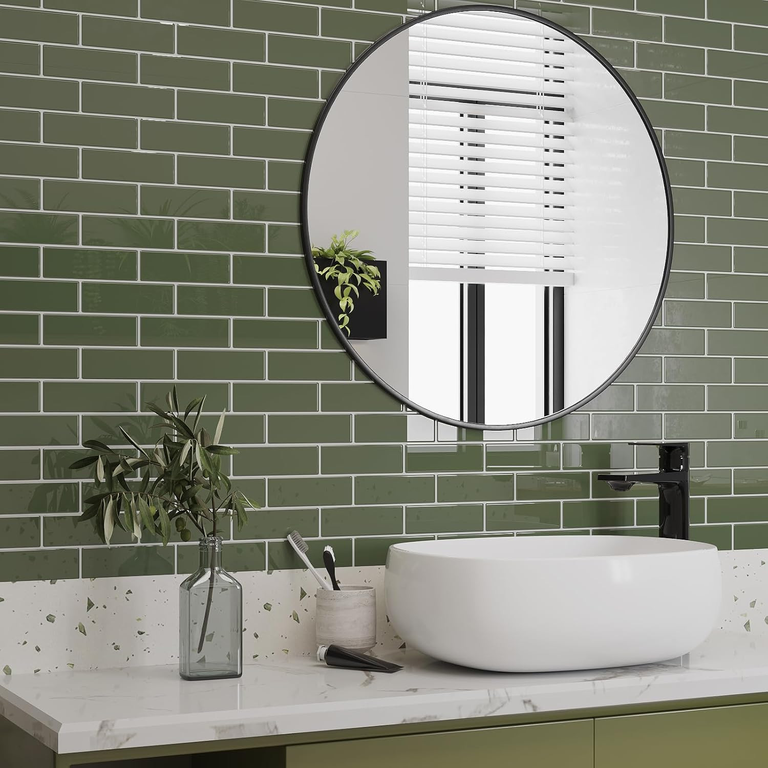 Sage Green Peel and Stick Subway Tile Backsplash – 20 Sheets, 12″x12