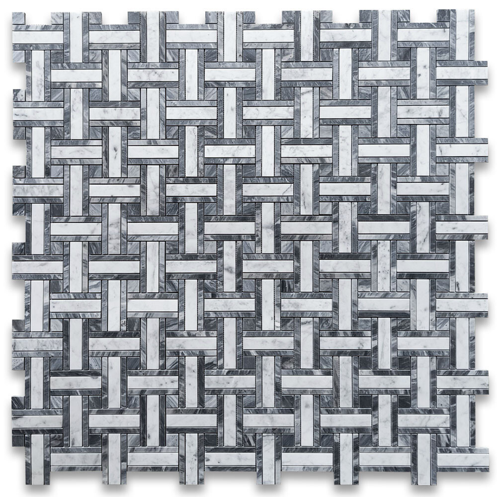 C66A7XP Carrara White Marble Twine Basketweave Mosaic Tile Bardiglio Gray