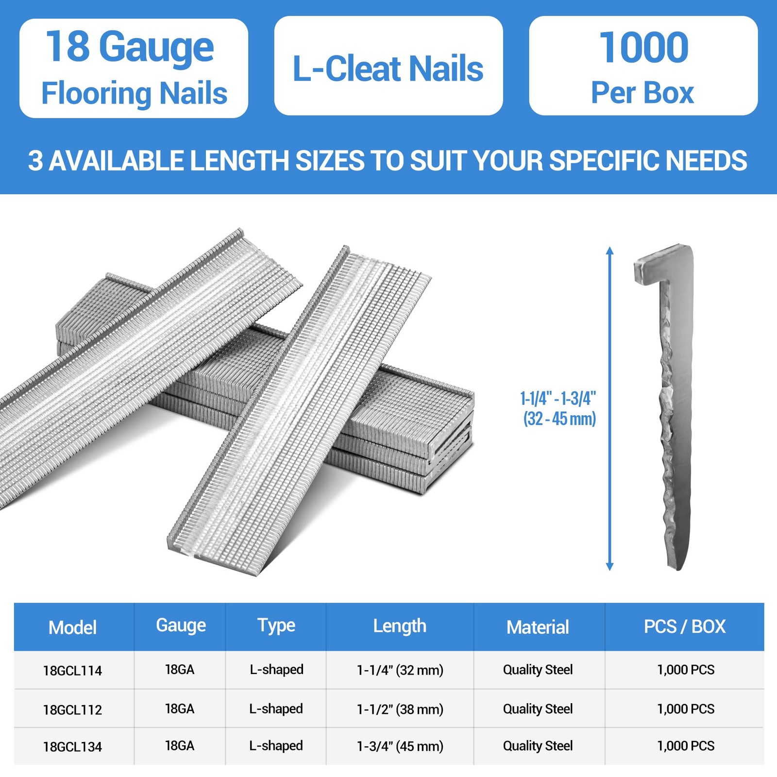 1000 PCS 18 Gauge Flooring Nails 11/2 Inch 18GA LCleat For Softwood