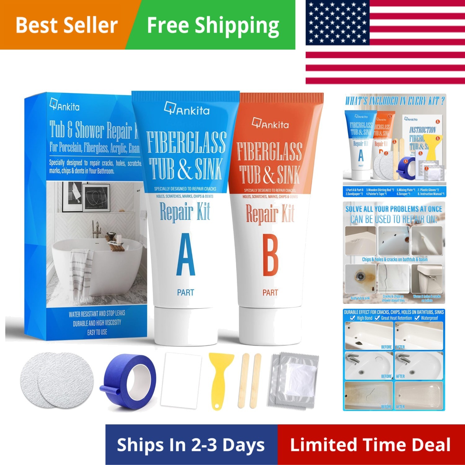Tub Repair Kit White, Tub Chip and Bathtub Repair Kit for Enamel, Fiberglass,…