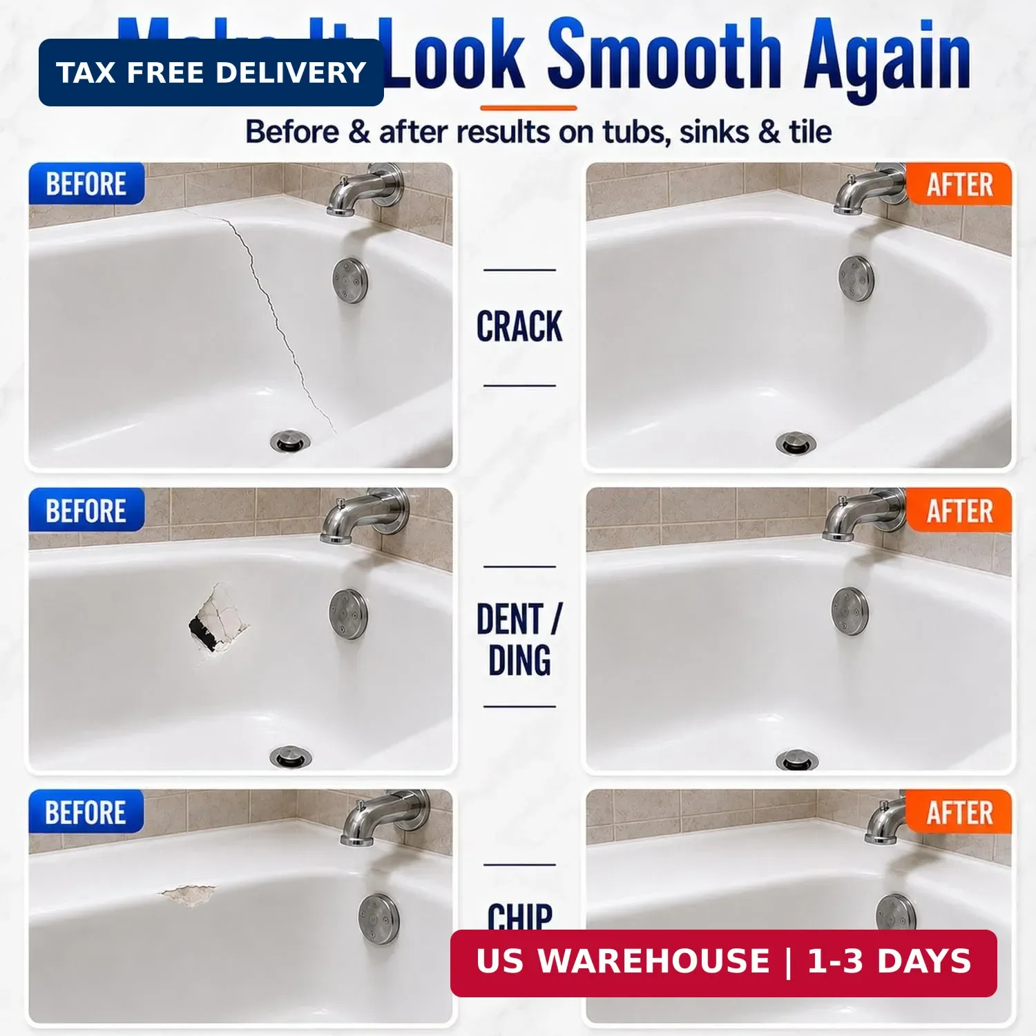 Tub Repair Kit White, Bathtub Repair Kit for Enamel, Fiberglass, Acrylic | For C