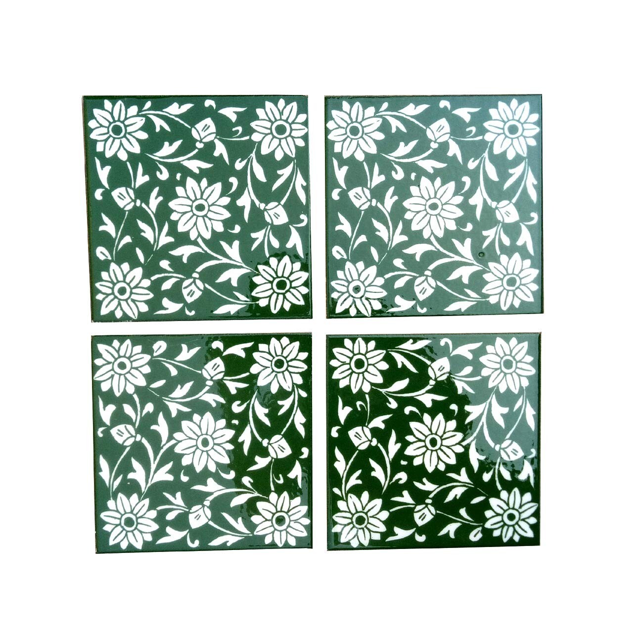 Interior Exterior Flooring Wall Ceramic Tile Green & White 6 x 6 in Set of 4