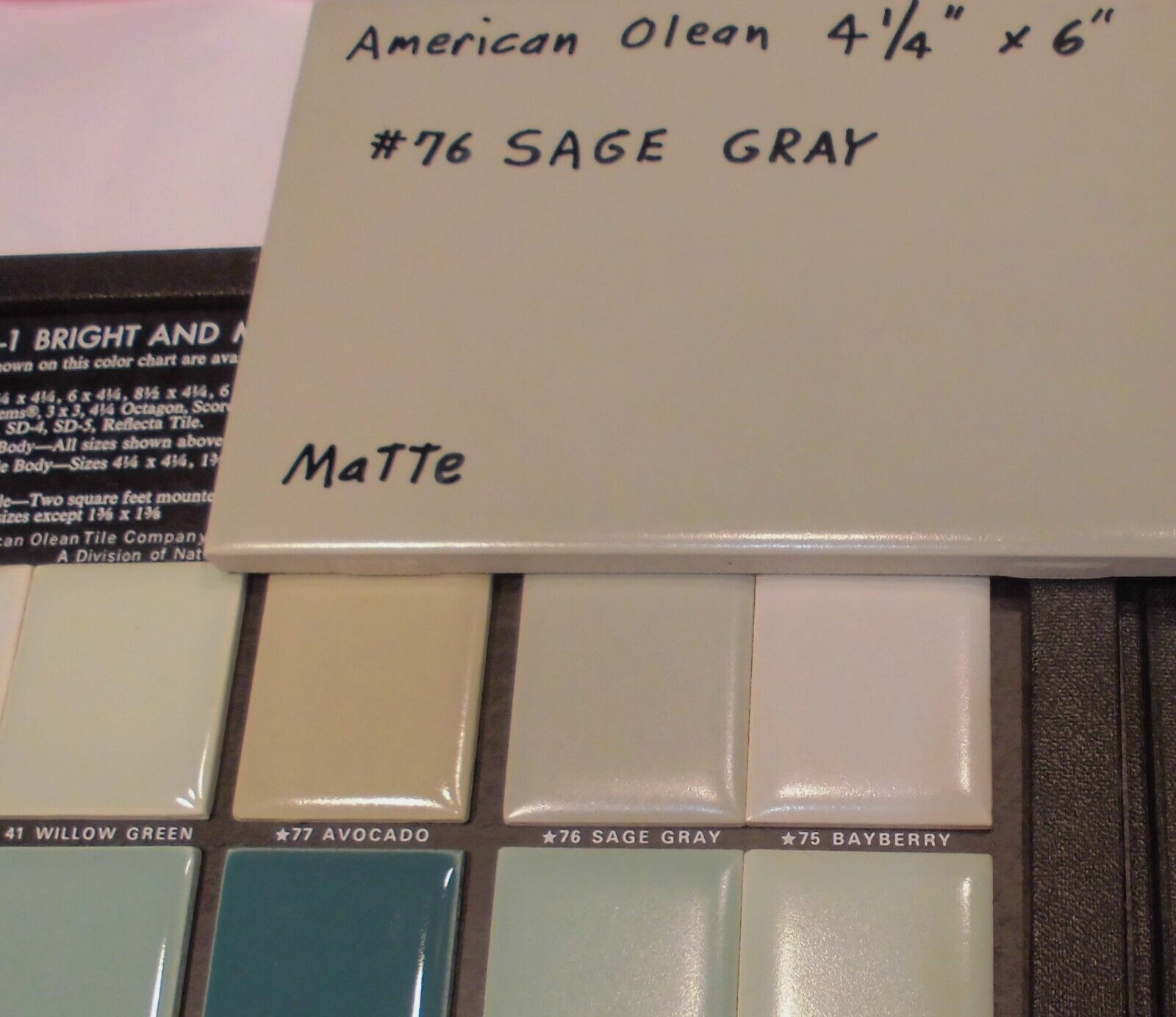 1 pc. Ceramic Matte Tile *Sage Gray* by American Olean 4-1/4″ X 6″ Green