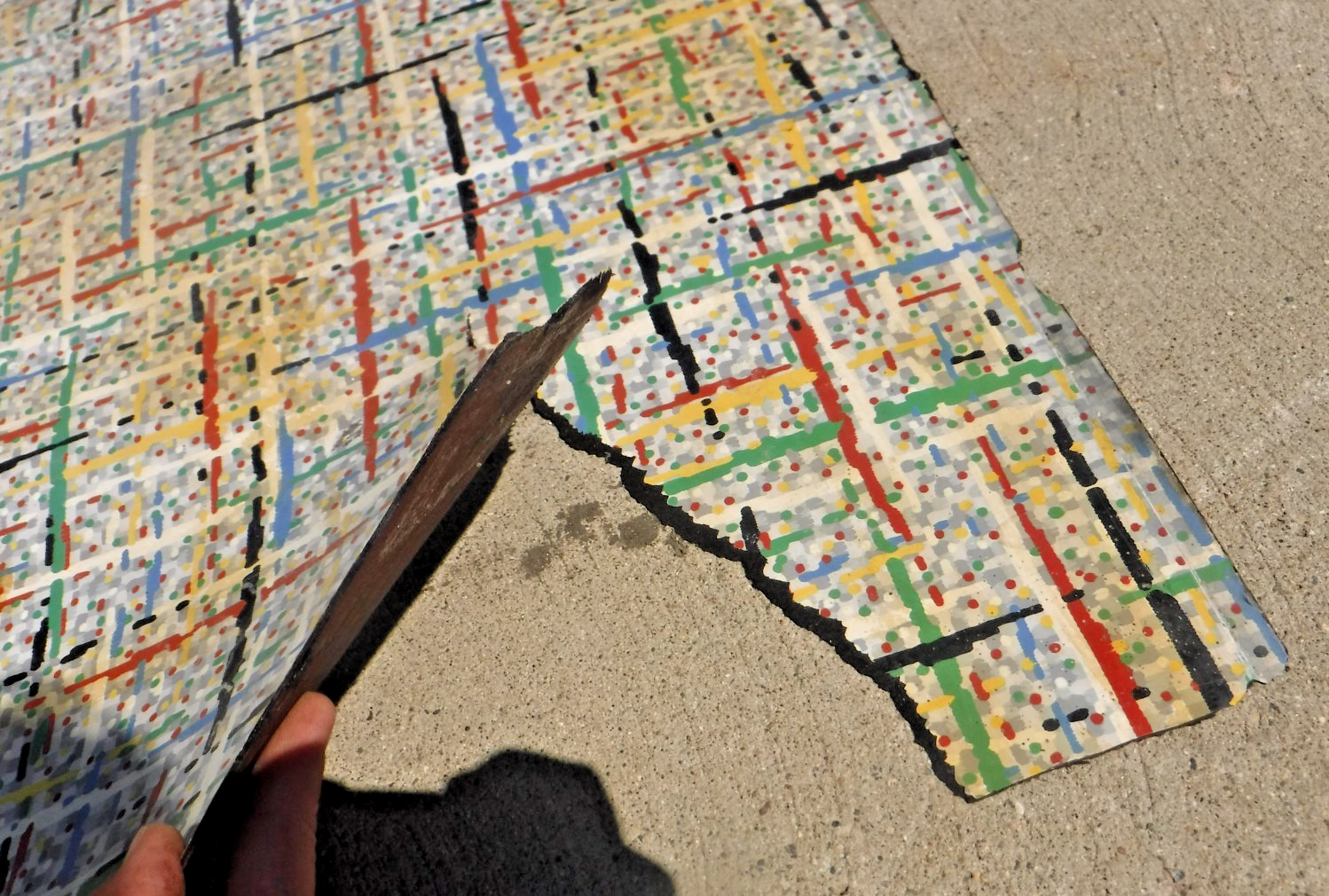 VTG~LINOLEUM FLOORING~L PIECE~45″x 60″~1950-60~MOVIE SET~MCM~GRAY GRID~PRIMARY E
