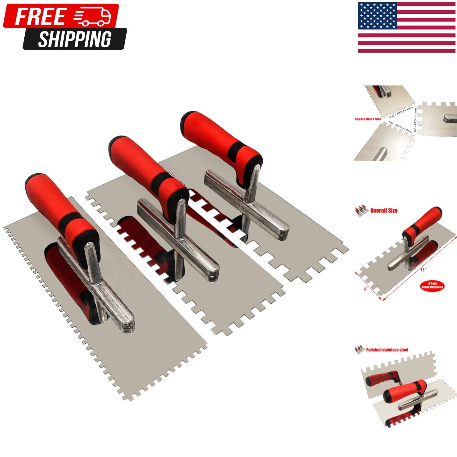 Tile Tools Stainless Steel Square Notched Trowel Set 3 Pc notch Size 5/32″ & 5