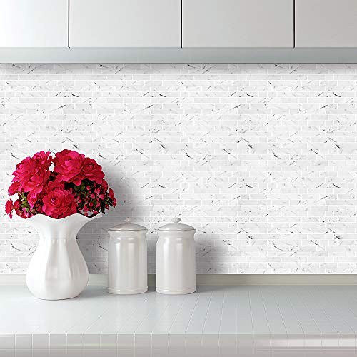 -Sheet White Marble Look Peel & Stick Backsplash, 12”X12” Stick 10 Marble White