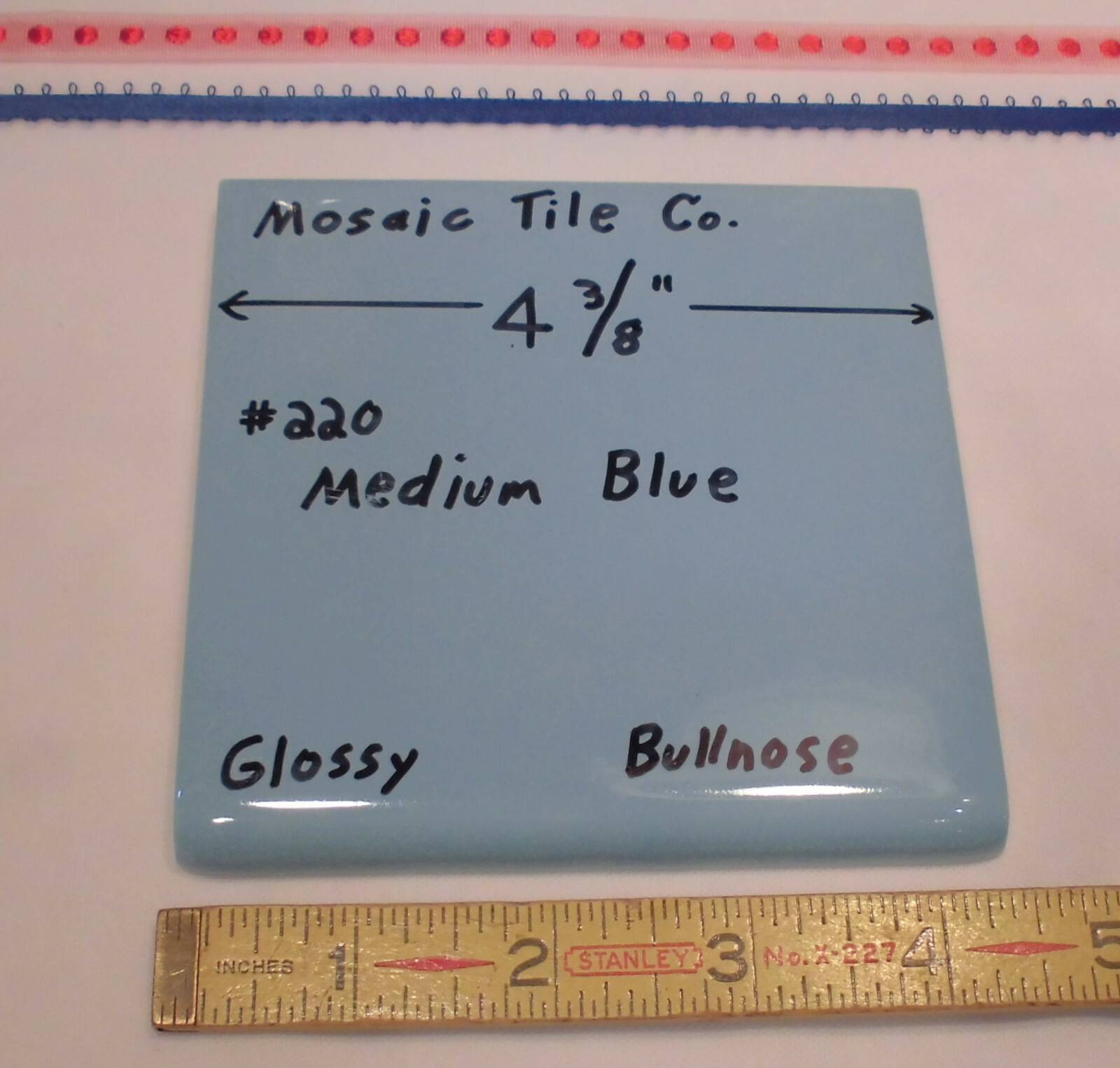 1 pc. Bullnose Ceramic Tile *Glossy Medium Blue* 4-3/8″ by Mosaic Co. NOS