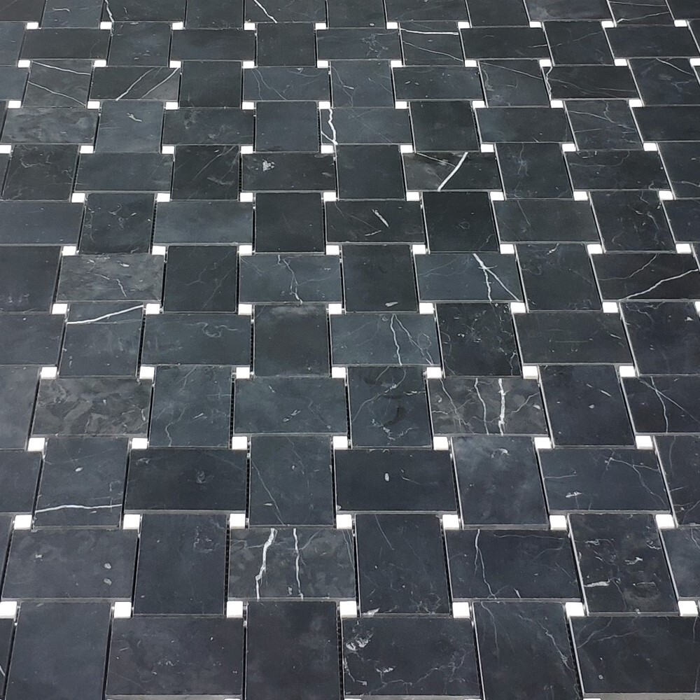 N665XH Nero Marquina Black Marble Basketweave Mosaic Tile White Dots Honed