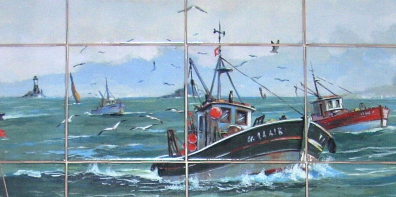 Fishing Boat Ceramic Tile Mural Nautical Guilvenic Ocean Boat Scene