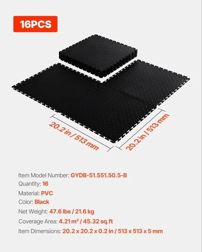 Garage Floor Tiles Interlocking 16 Pack 20.2×20.2×0.2 in PVC Black