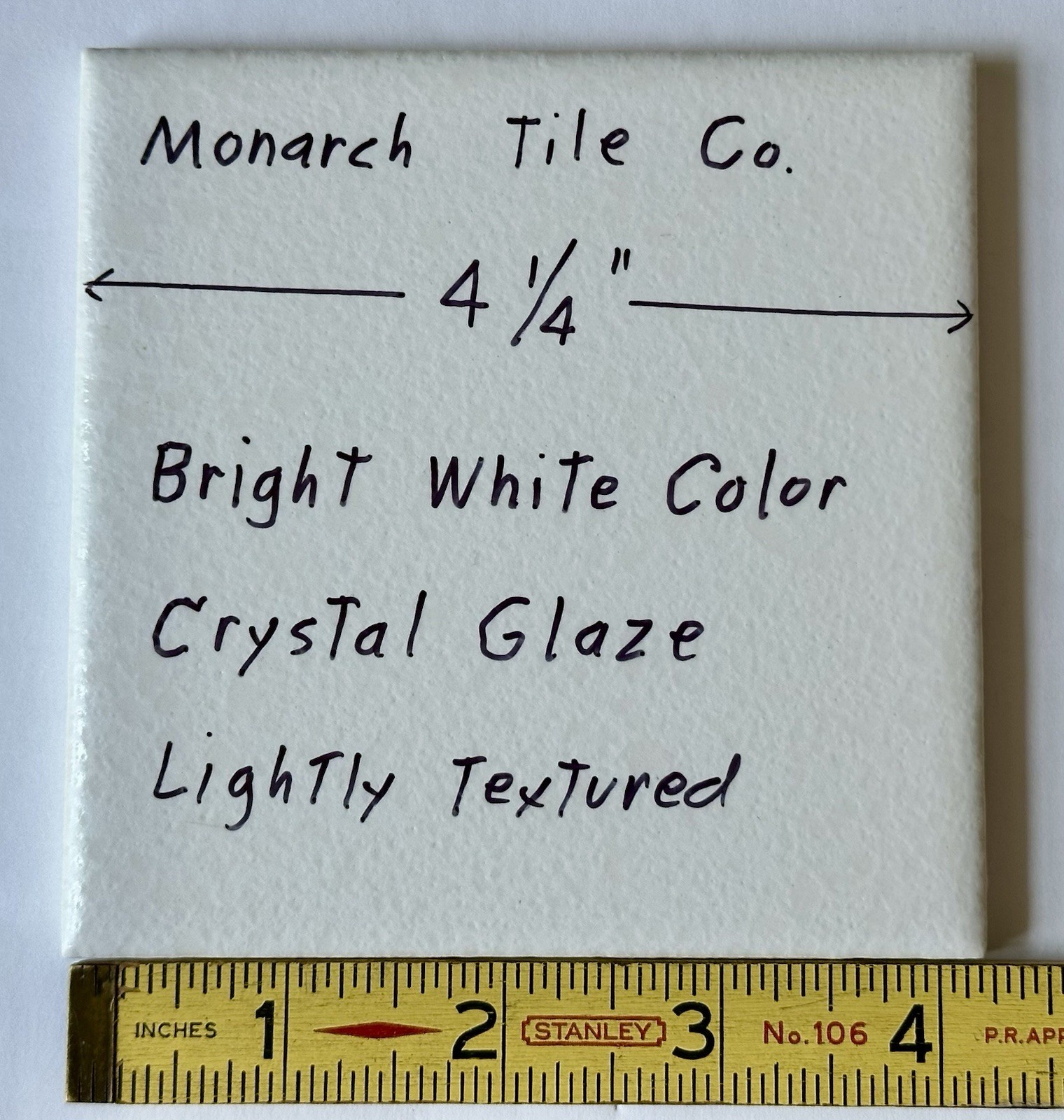 1 pc. Bright White 4-1/4″ Crystal Glazed Ceramic Tile by Monarch Tile Co. NEW