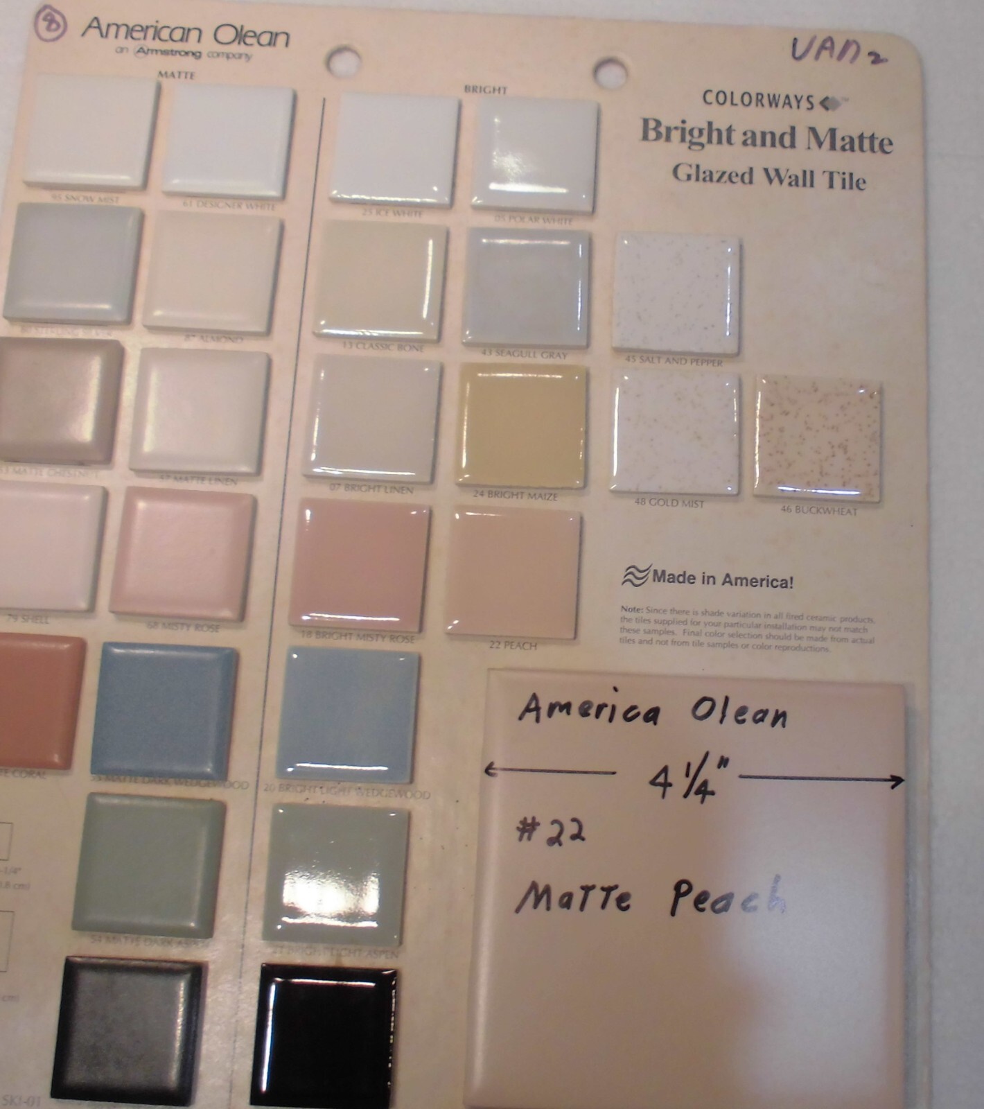 1 pc. Vintage *PEACH COLOR* Matte Ceramic Tile #22 by American Olean 4-1/4″ New