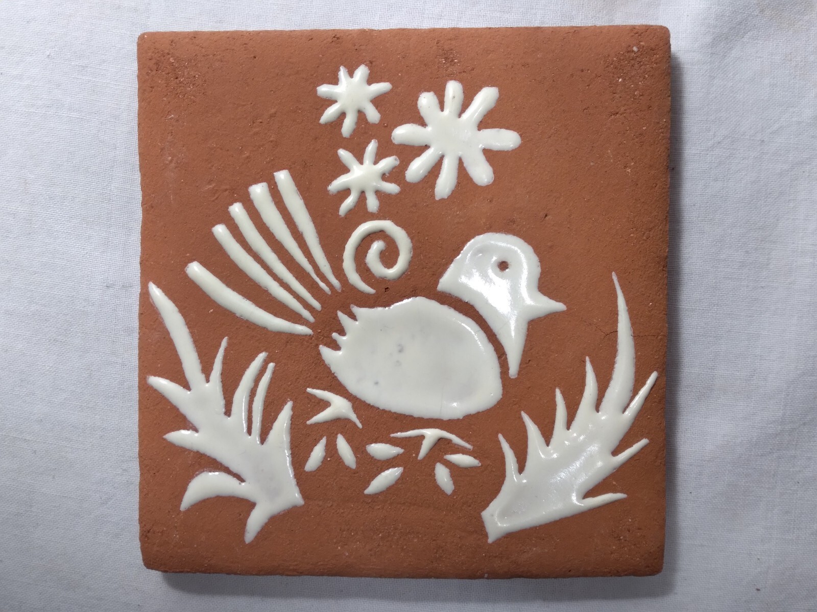 Handmade Decorative Terra Cotta Art Tile Glazed White Bird