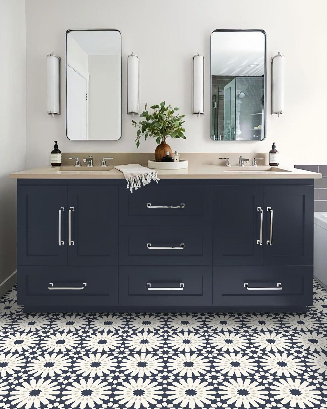MORCART 20pc 7.87″ Dark Blue Floral Floor Tile