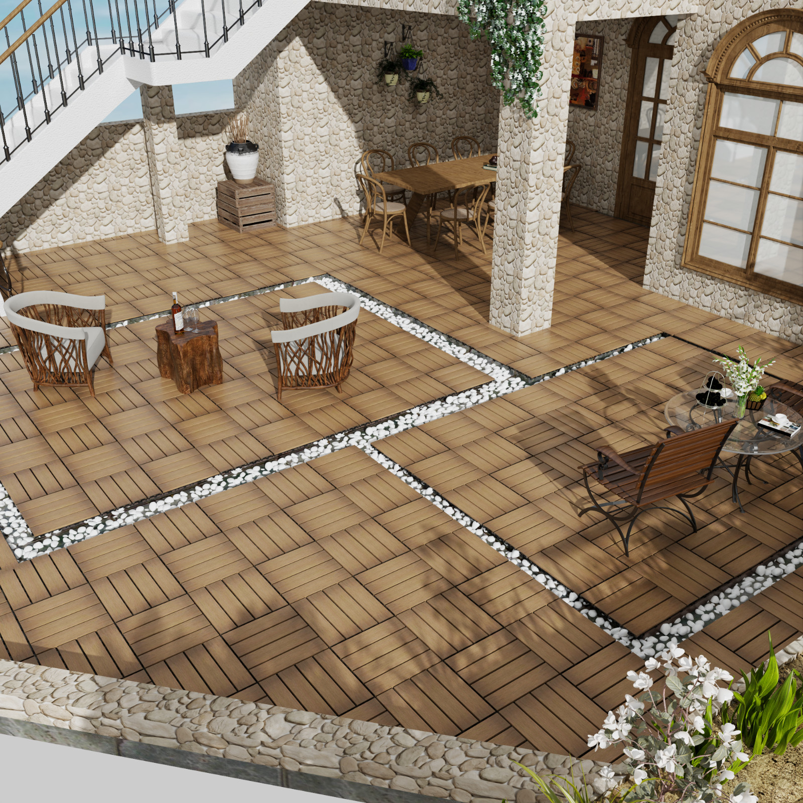 11 Pack WPC Wood Plastic Composite Interlocking Patio Deck Tiles Indoor Outdoor