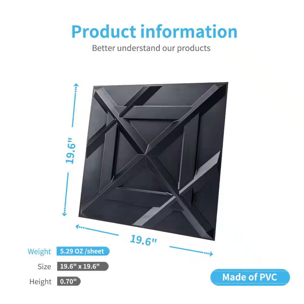 1/16 In. X 19.7 In. X 19.7 In. Black 3D PVC Wall Panel, Decorative Wall Tile in