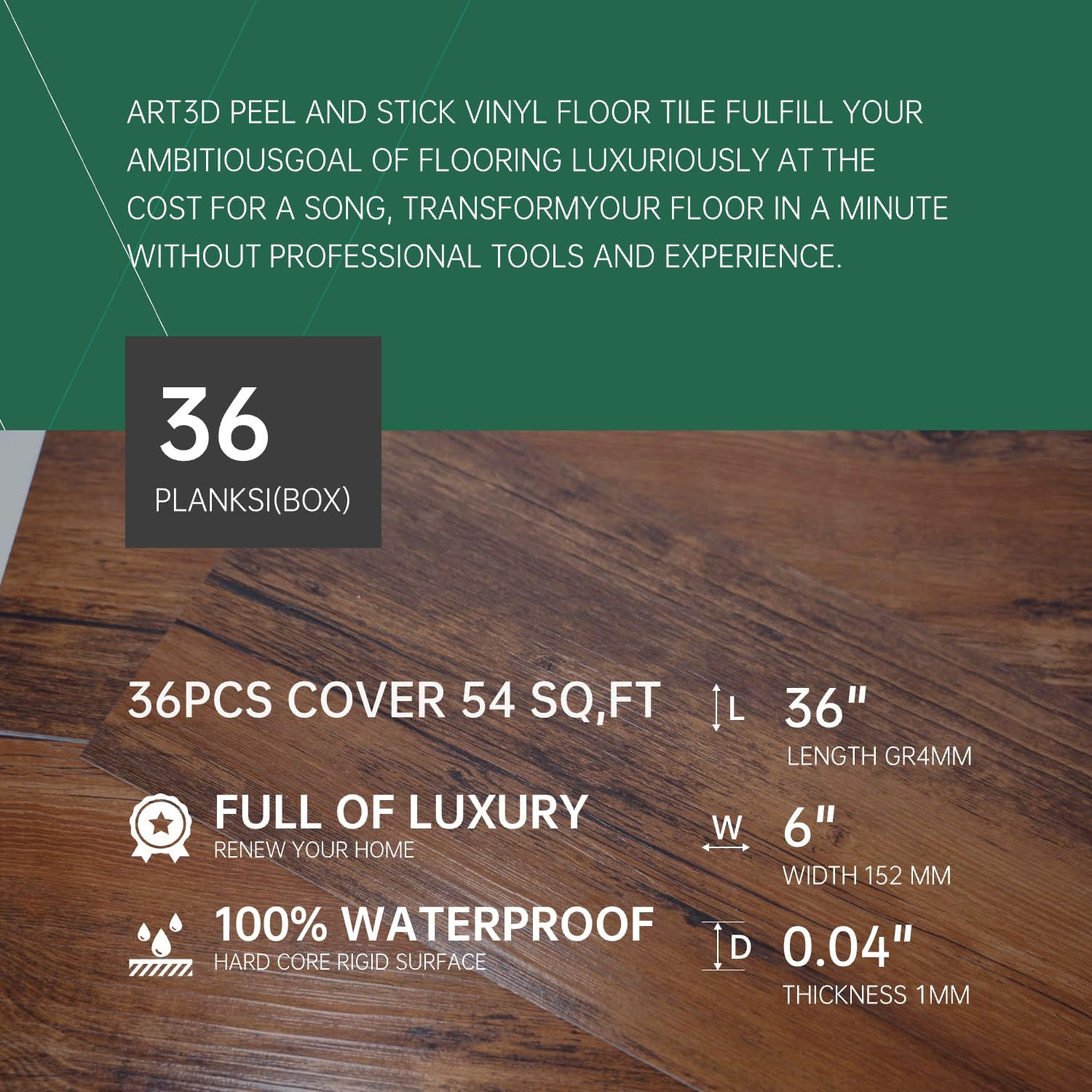 Peel and Stick Vinyl Flooring 36 Pack 54 Sq.Ft, Waterproof Vinyl Flooring Peel a