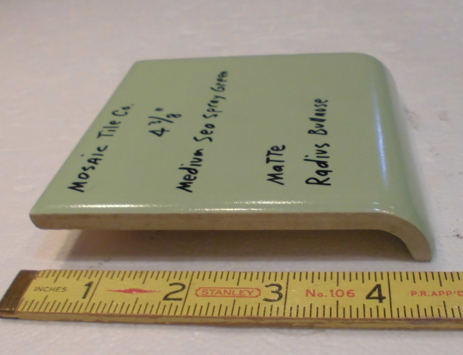 1 pc. Medium Sea Spray Green: Matte Radius Bullnose Ceramic Tile 4-3/8″ NOS