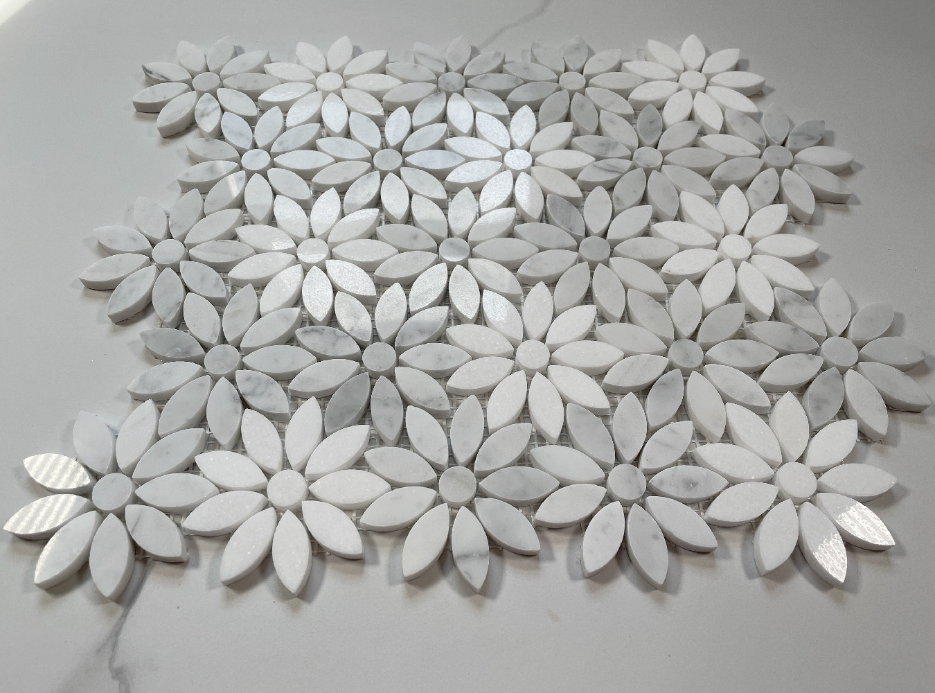 C9D5XP White Thassos Carrara Marble Daisy Flower Floral Mosaic Tile Polished