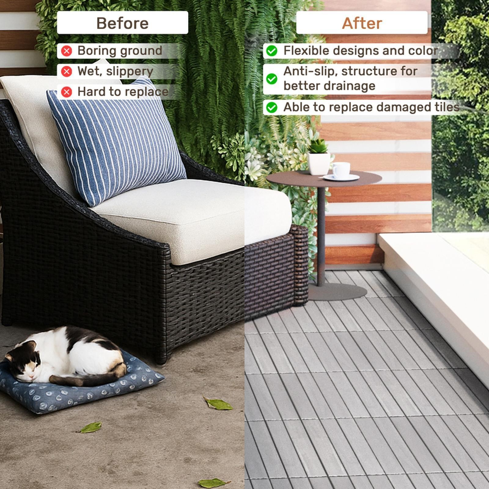 30PCS Acacia Interlocking Deck Tiles, Striped Pattern, 12×12 Waterproof Outdoor