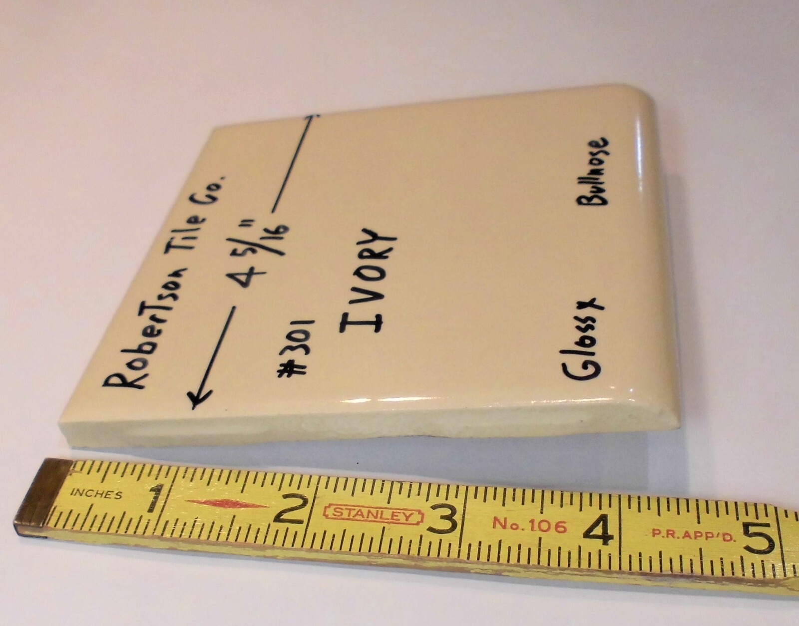 1 pc. Glossy Ceramic Bullnose Tile *Ivory* 4-5/16″ By Robertson Tile Co. New