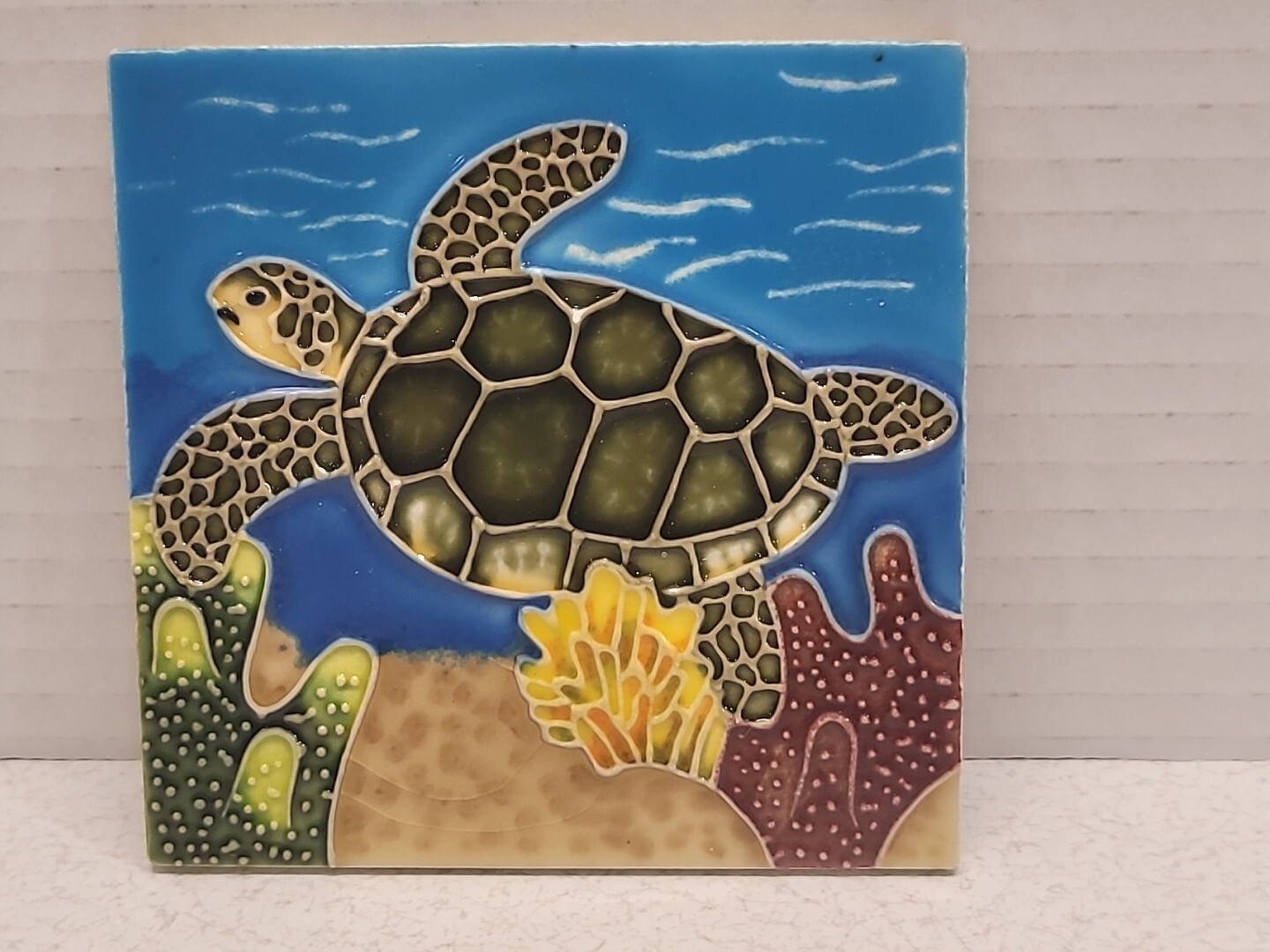 Sea Turtle Swimming in Coral Seaweed Coastal 4” X 4” Square Ceramic Tile Scene
