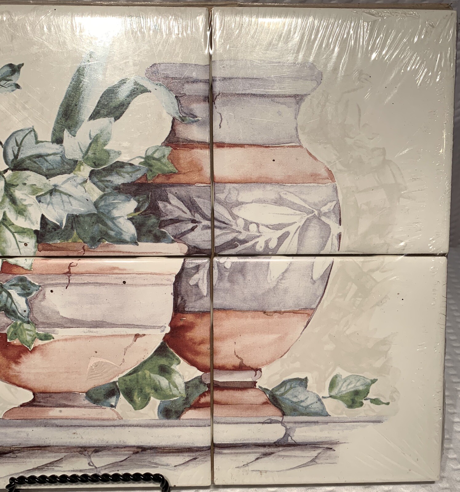 13” X 8 1/2”CERAMIC ” TERRACOTTA & IVY POTS”ON GLOSSY WHITE WALL TILE Mosaic~BN