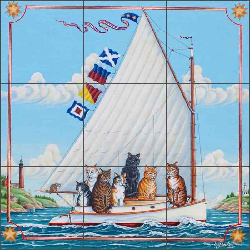 Tile Mural Backsplash Ceramic Parker Cats Sailboat Boat Nautical Art POV-EP007