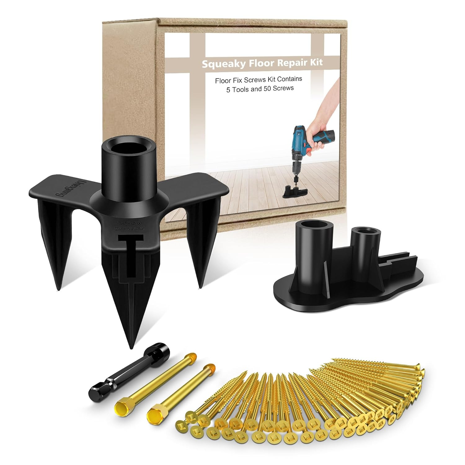 Squeaky Floor Repair Kit with 50 Screws and 5 Tools, Floor Fix Screws Kit for Mo