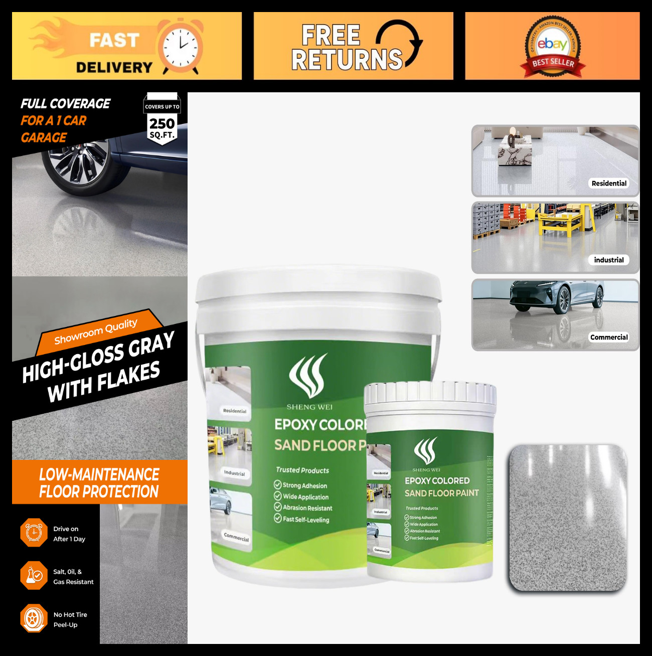 Self-Leveling Epoxy Resin Floor Paint Kit – Marble Texture, Gray, 1 Gallon, Fast
